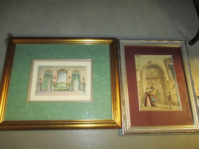 Two Framed and Matted Hand Colored Lithographs: "Entrance to the Grand Staircase at Holland House in Kensington" by Joheph Nash-14 1/2" x 18 1/4", 21 1/2" x 17 3/4" and "Le Magasin De Meubles Fond de Salon Louis XVI"