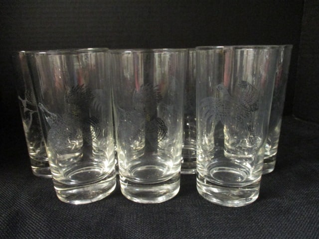 Seven Midcentury Federal "Game Bird" Tumblers: 5 5/8"h