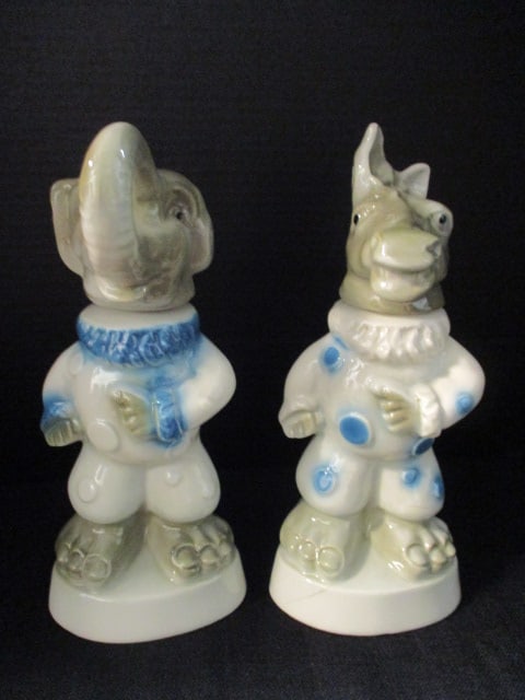 Two 1968 Genuine Regal China "Donkey" and "Elephant" Jim Beam Decanters: approx. 13"h, one decanter has been broken and repaired-see pictures and preview