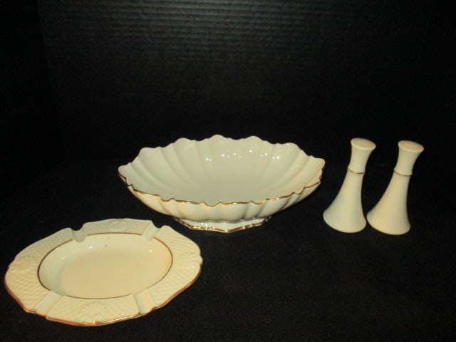 Lenox Console Bowl, Ashtray and Pair of Shakers: console 11" long, ashtray 8 1/4" oval, shakers 5"h