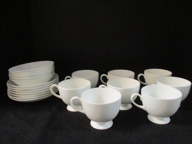 Wedgwood White Bone China Cups, Saucers and Fruit Bowls: (8)2 3/4"h cups, (5)5" bowls(one chipped), (7)5 3/4" saucers