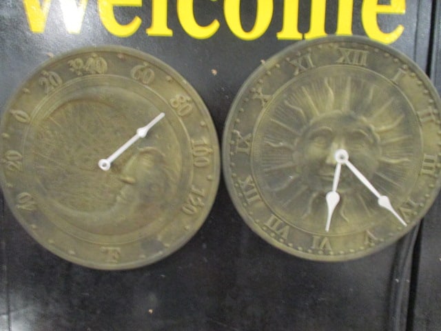 Cast Metal Cresent Moon Thermometer and Sun Quartz Clock: 12"dia