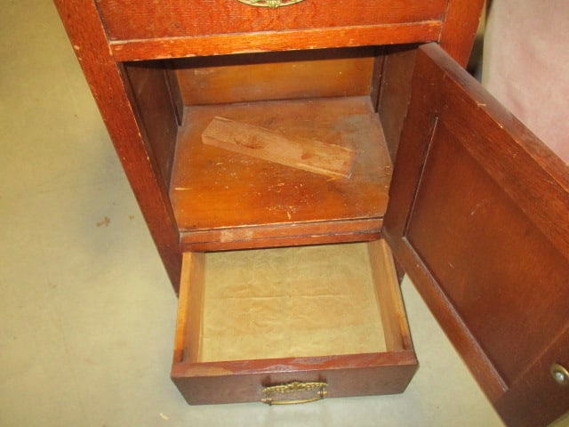 Vintage Oak Mission Style Cabinet with 2 Drawers and Door Storage - 3