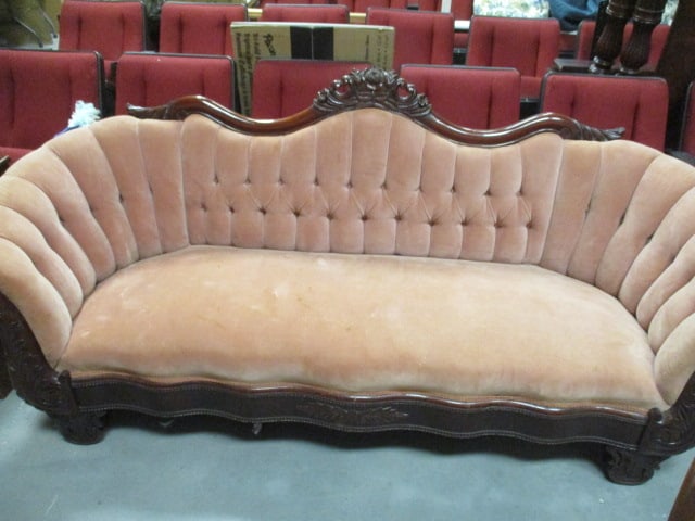 Vintage Victorian Carved Mahogany Tufted Velvet Parlor Sofa: 80" long, few spots, Local Pickup Only