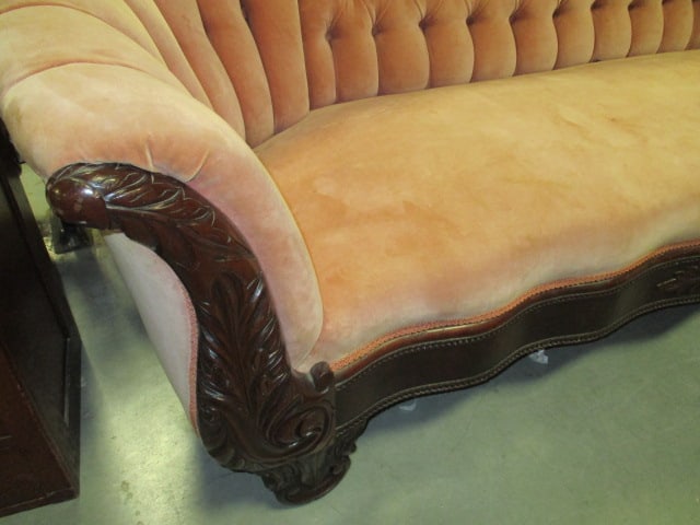 Vintage Victorian Carved Mahogany Tufted Velvet Parlor Sofa - 2