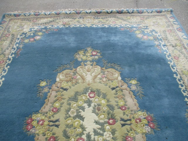 Genuine Chindia All Pure Wool Pile Hand Woven Blue/Ivory Border Floral Medallion Room Size Rug - 2
