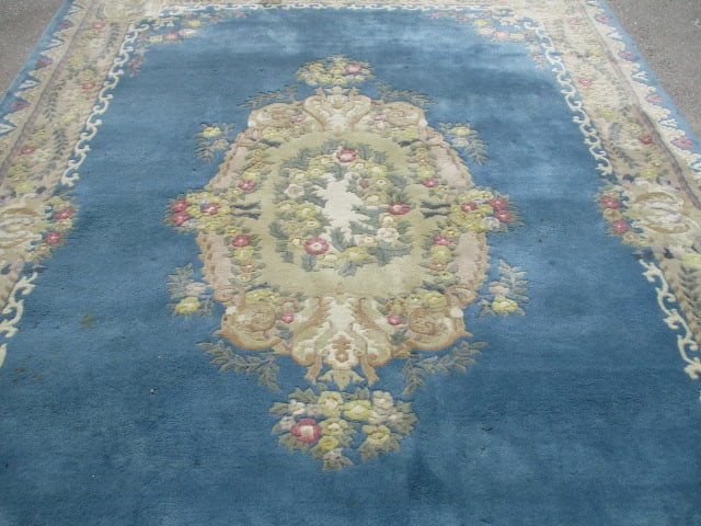 Genuine Chindia All Pure Wool Pile Hand Woven Blue/Ivory Border Floral Medallion Room Size Rug - 3