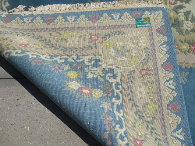 Genuine Chindia All Pure Wool Pile Hand Woven Blue/Ivory Border Floral Medallion Room Size Rug - 9
