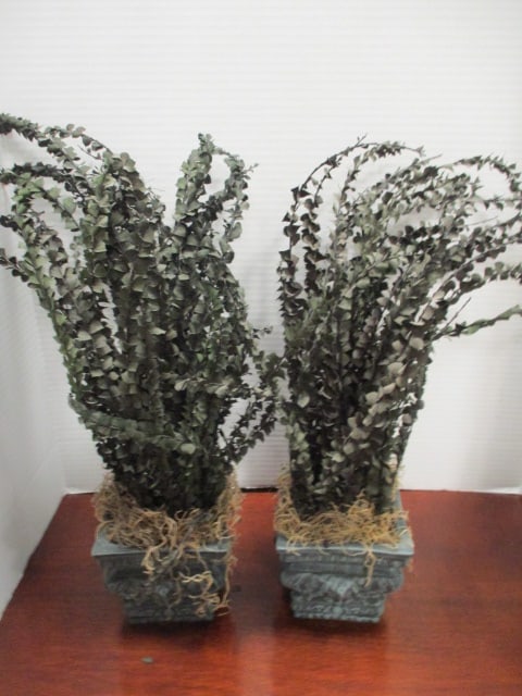 Pair of Decorative Faux Stone Planters with Artificial Eucalyptus Foliage: approx. 18"h overall