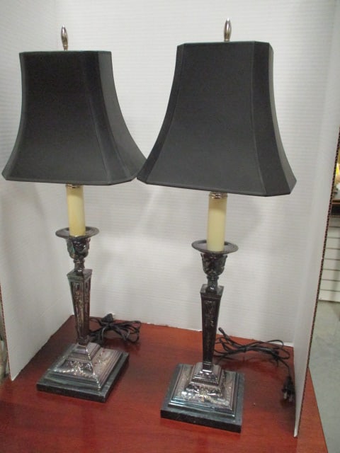 Pair of Topazio Portugal Neoclassical Style Silverplate Candlestick Lamps with Black Marble Bases: 28"h, Local Pickup Only