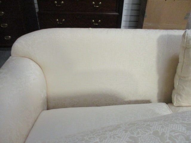 Ivory Demask Upholstered Rolled Arm Sofa with Pillows - 11