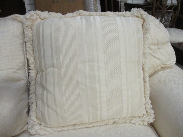 Ivory Demask Upholstered Rolled Arm Sofa with Pillows - 12