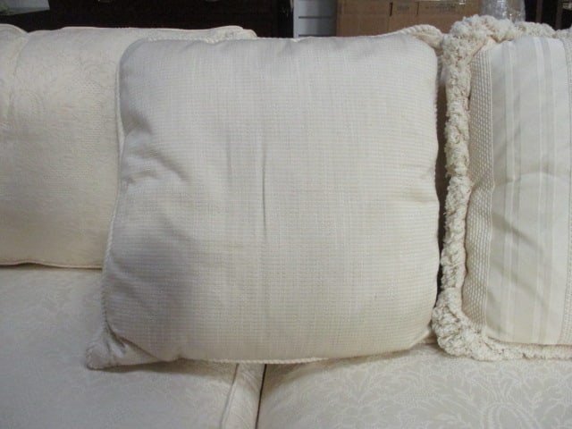 Ivory Demask Upholstered Rolled Arm Sofa with Pillows - 13