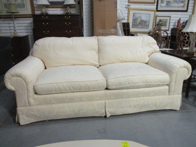 Ivory Demask Upholstered Rolled Arm Sofa with Pillows - 2