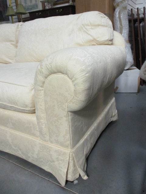 Ivory Demask Upholstered Rolled Arm Sofa with Pillows - 6