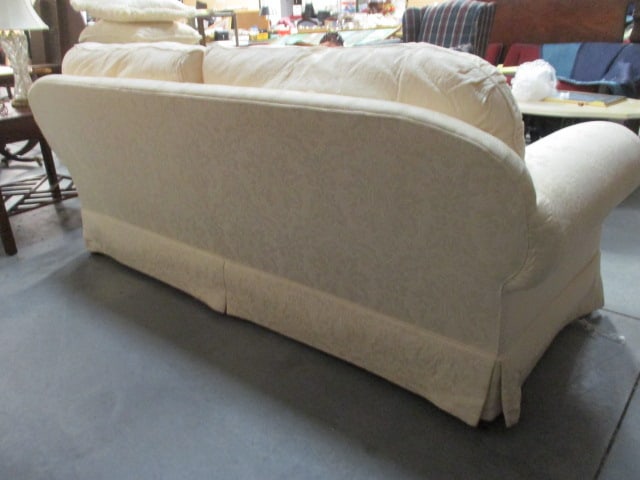 Ivory Demask Upholstered Rolled Arm Sofa with Pillows - 7