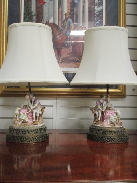 Pair of Victorian Courting Couple Bisque Ware Porcelain Figural Lamps: 20 3/4"h, Local Pickup Only