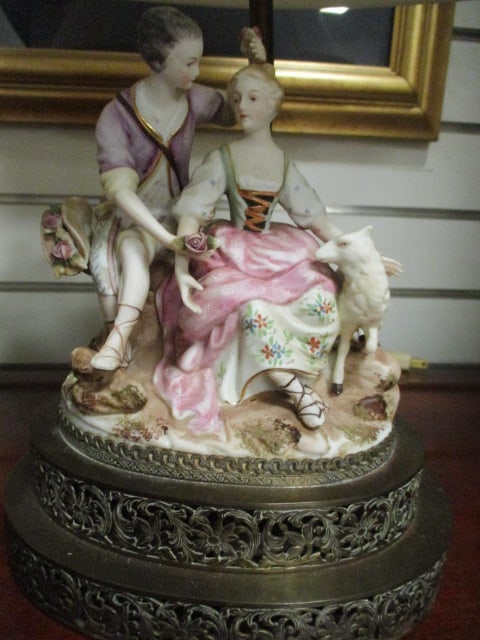 Pair of Victorian Courting Couple Bisque Ware Porcelain Figural Lamps - 2