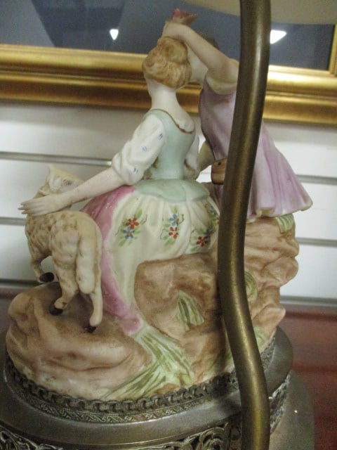 Pair of Victorian Courting Couple Bisque Ware Porcelain Figural Lamps - 3