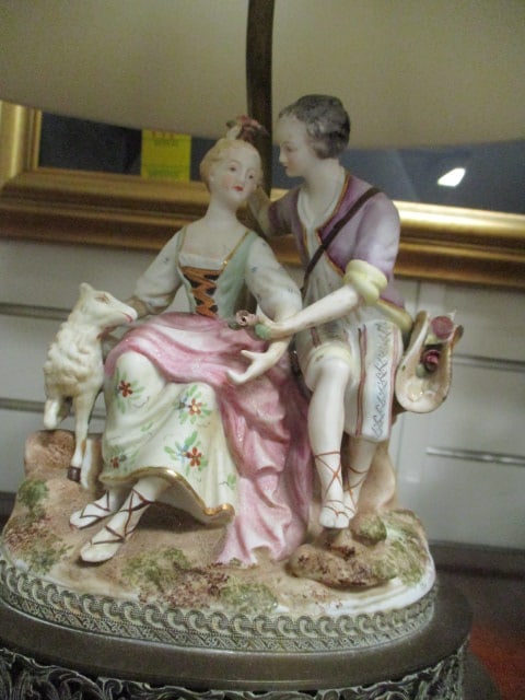 Pair of Victorian Courting Couple Bisque Ware Porcelain Figural Lamps - 6