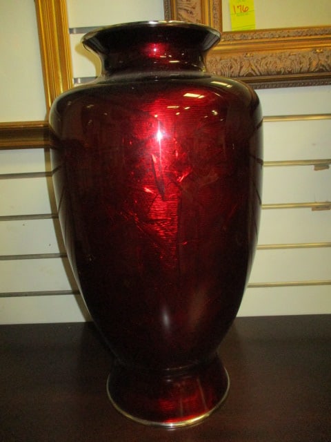 Large Oxblood Red Finish Decorative Enamel Over Silver Tone Metal Floor Vase: 18"h, Local Pickup Suggested