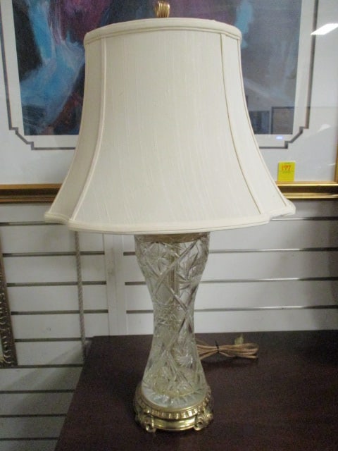 Crystal Vase Table Lamp with Brass Base: 27 1/2"h, top of lamp body has been repaired, Local Pickup Only