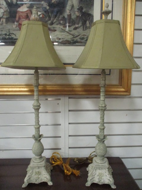 Weathered Verdigris Finish Pineapple Buffet Lamps: 31"h, finials do not match, Local Pickup Only