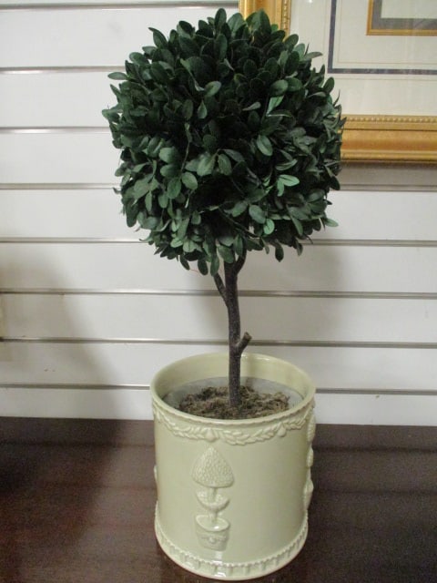 Decorative Faux Stone Planter with Artificial Foliage Topiary in Ceramic Cache Pot (1 of 4)
