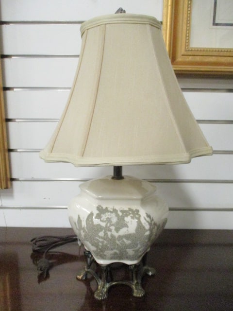 Vintage Hand Decorated Ceramic Dresser Lamp with Brass Feet: 18 1/2"h, Local Pickup Only