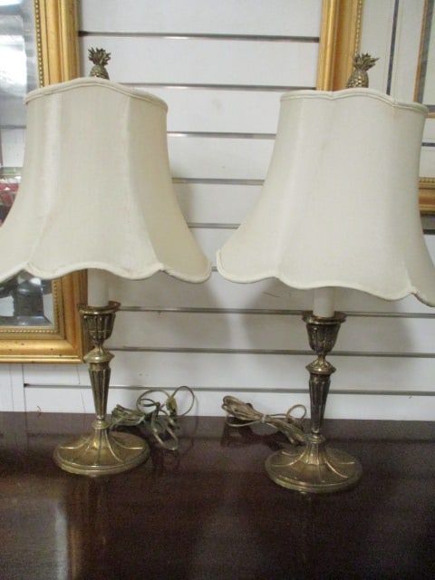 Pair of Mottahedeh Design Brass Candle Stick Lamps with Pineapple Finials: 24"h, Local Pickup Only