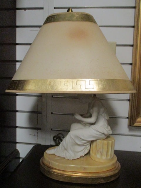 Classical Bisque Ware Porcelain Figural Lamp: 22"h, double bulb, shade has gold leaf Greek key design border, Local Pickup Only