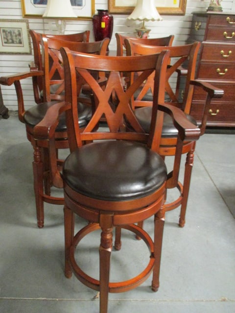 Five Permaisuri Co. Swiveling Leather Seat Bar Chairs: 20"w, 30" seat height, some nicks and scratches on arms, Local Pickup Only