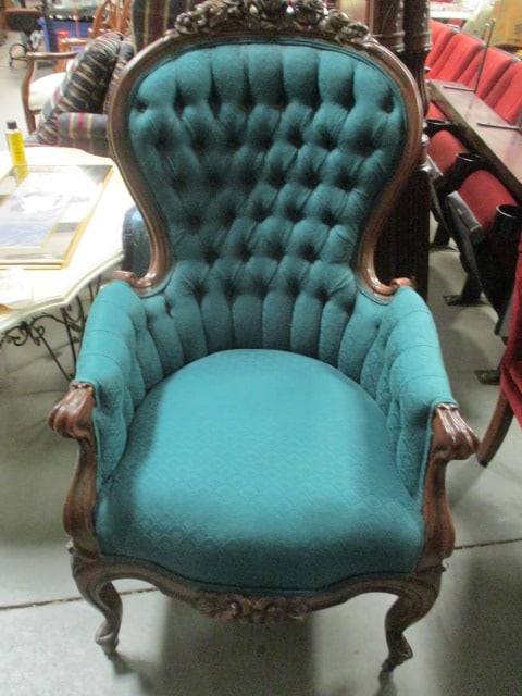 Victorian Carved Mahogany Tufted Back Parlor Chair: 25 1/2"w, front casters, carved florals on back header and front apron, Local Pickup