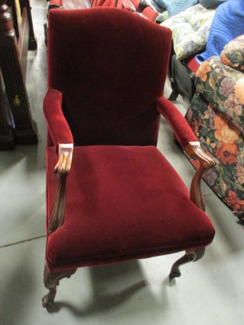 Burgundy Crushed Velve Sheraton Style Carved Mahogany Armchair (1 of 4)