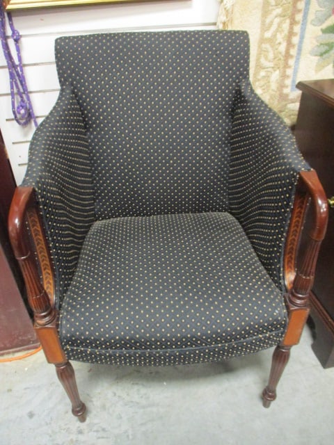 Classic Federal Revival Style Library Arm Chair: 24"w, black diamond pattern upholstery, inlaid accents on arm frame, Local Pickup Only