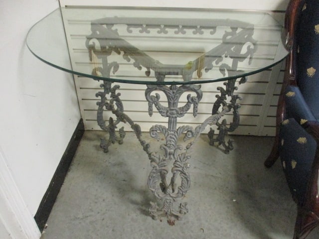 Ornate Weathered Cast Iron Demi Lune Glass Top Table: 40 1/4" x 30" x 30 1/2", Local Pickup Only