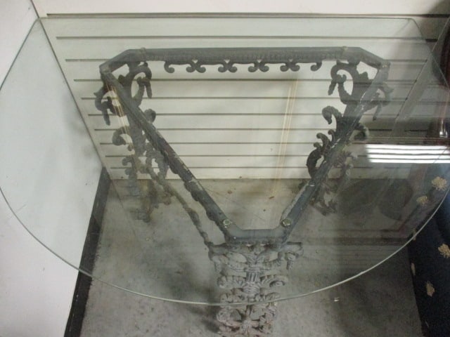 Ornate Weathered Cast Iron Demi Lune Glass Top Table - 2