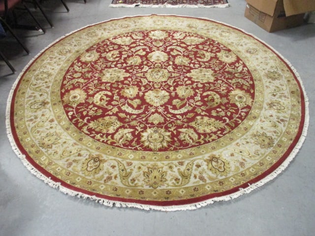 Round Burgundy/Gold-Ivory Border Hand Woven All Over Floral Design Wool Area Rug: 8'-3"dia, Local Pickup Only