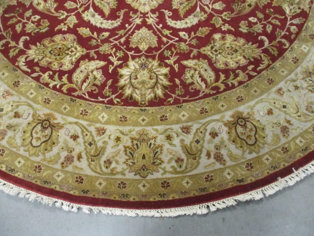 Round Burgundy/Gold-Ivory Border Hand Woven All Over Floral Design Wool Area Rug - 2