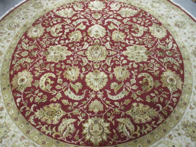 Round Burgundy/Gold-Ivory Border Hand Woven All Over Floral Design Wool Area Rug - 3