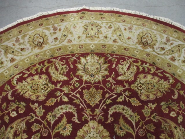 Round Burgundy/Gold-Ivory Border Hand Woven All Over Floral Design Wool Area Rug - 4