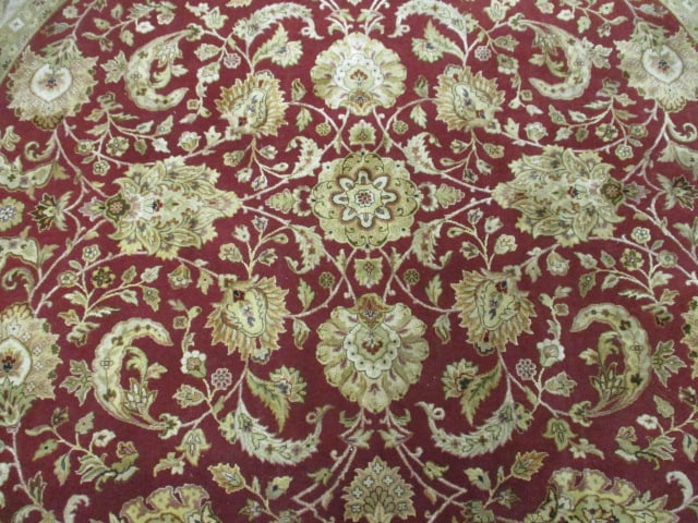 Round Burgundy/Gold-Ivory Border Hand Woven All Over Floral Design Wool Area Rug - 5