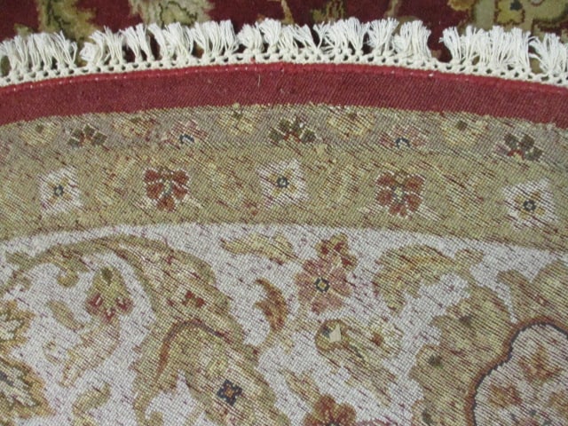 Round Burgundy/Gold-Ivory Border Hand Woven All Over Floral Design Wool Area Rug - 7