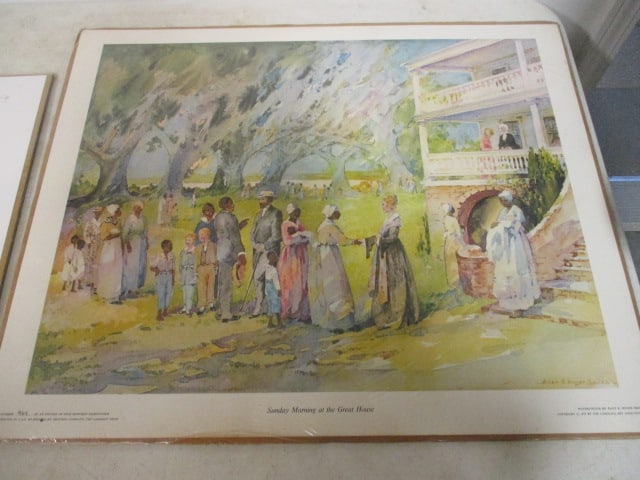 Unframed Limited Edition "Sunday Morning at the Great House" Print of Watercolor by: Alice R. Huger Smith. No. 934 of 1984, copyright date 1972, Antebellum themed artwork, print has been stored with cardboard backer and sealed in plastic, print measures 24" x 19 1/2"