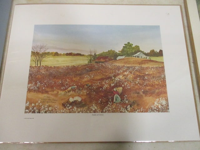 Unframed Limited Edition "Fields of Cotton" Print of Watercolor by Joann Jacks Cataldo: Pencil signed and No. 98/1200, copyright 1986, Old South Black Americana Theme, print has been stored with cardboard backer and sealed in plastic, print measures 22" x 17"
