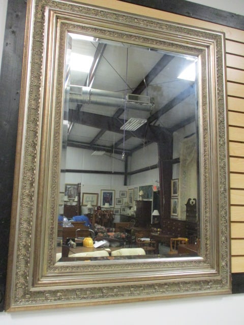 Ornate Molded Beveled Mirror with Antiqued Silver Leaf Finish: 36 1/2" x 48 1/2", wired to hang horizontally or vertically, Heavy! Local Pickup Only