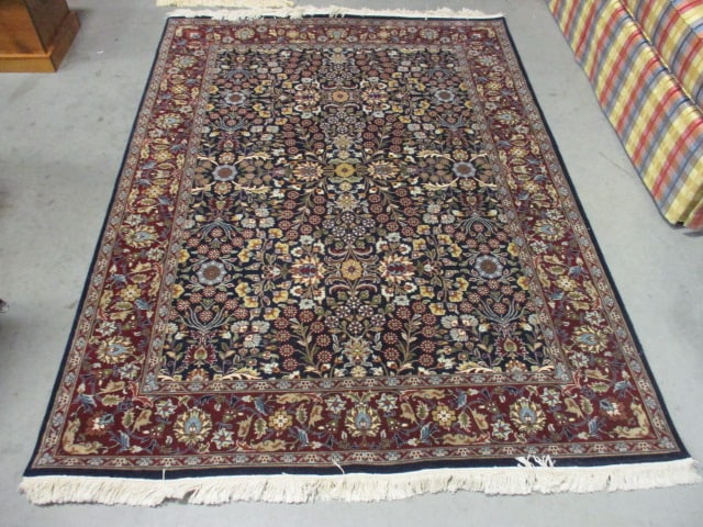 Navy/Burgundy Border All Over Floral Hand Woven Area Rug: 5'-11" x 7'-3", Local Pickup Only