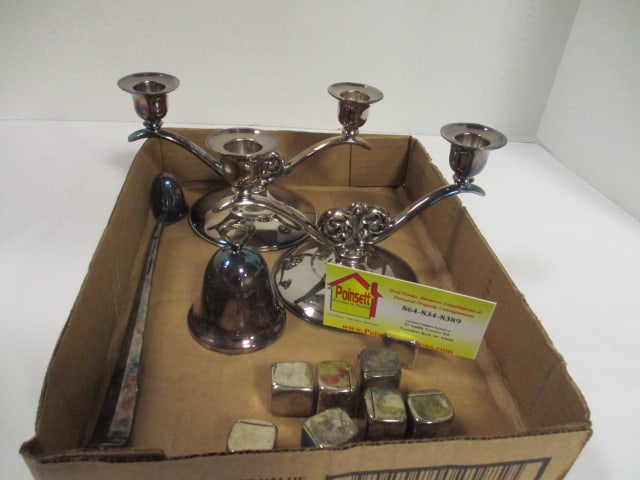 Silverplate Wm. Rogers 2 Arm Candelabras, Candle Snuffer, Service Bell and Eight Cube Place Card ...: Candelabras 4 1/4"h