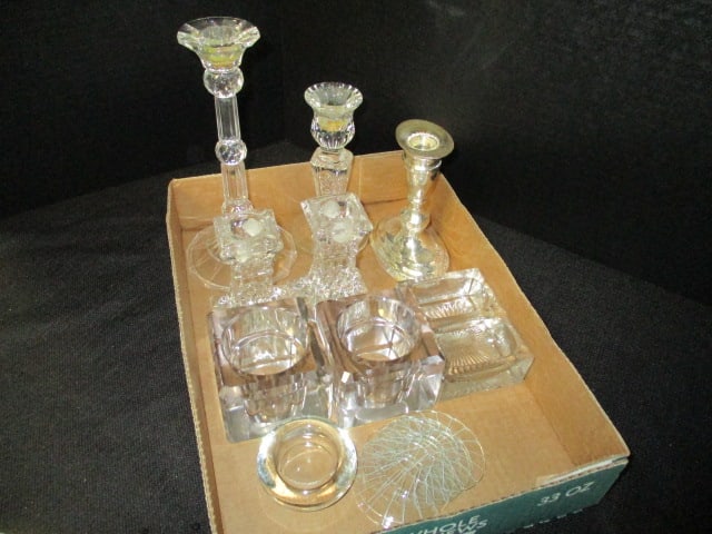 Crystal and Silverplate Candle Holders, Drip Rings and Ashtray: .
