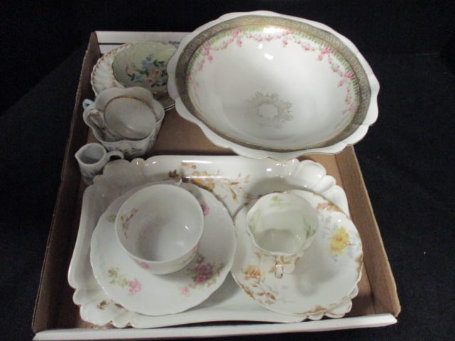 Grouping of Vintage Handpainted Porcelain/Bone China Bowl, Teacups/Saucers and Tray: 200-6"(tip of blade chipped) and M 282-5"